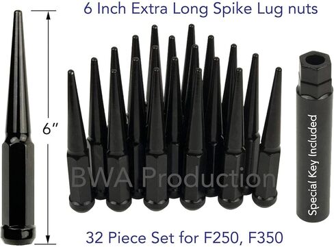 GREHGE 32 PCS Extra Long 6 "Rend 14x1.5 Black Spike Lug Nuts with Key in Kuwait