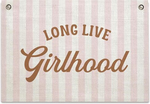 Long Live Girlhood Banner – Girl Room Decor Linen Banner Hanging Flag Retro Pink for Nursery Playroom Wall Art Decor for Kids Bedroom Dorm Toddler Decorations (Pink & White Stripes) in Kuwait