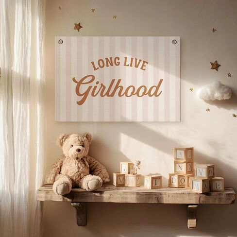 Long Live Girlhood Banner – Girl Room Decor Linen Banner Hanging Flag Retro Pink for Nursery Playroom Wall Art Decor for Kids Bedroom Dorm Toddler Decorations (Pink & White Stripes) in Kuwait