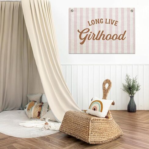 Long Live Girlhood Banner – Girl Room Decor Linen Banner Hanging Flag Retro Pink for Nursery Playroom Wall Art Decor for Kids Bedroom Dorm Toddler Decorations (Pink & White Stripes) in Kuwait