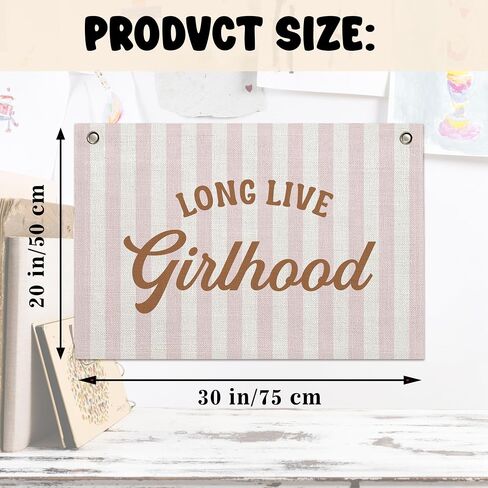 Long Live Girlhood Banner – Girl Room Decor Linen Banner Hanging Flag Retro Pink for Nursery Playroom Wall Art Decor for Kids Bedroom Dorm Toddler Decorations (Pink & White Stripes) in Kuwait