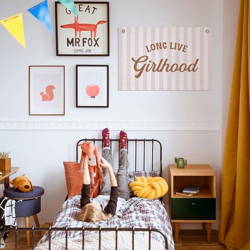 Long Live Girlhood Banner – Girl Room Decor Linen Banner Hanging Flag Retro Pink for Nursery Playroom Wall Art Decor for Kids Bedroom Dorm Toddler Decorations (Pink & White Stripes) in Kuwait