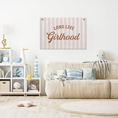 Long Live Girlhood Banner – Girl Room Decor Linen Banner Hanging Flag Retro Pink for Nursery Playroom Wall Art Decor for Kids Bedroom Dorm Toddler Decorations (Pink & White Stripes) in Kuwait
