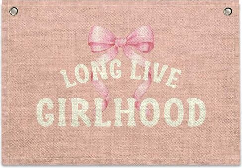 Long Live Girlhood Banner – Girl Room Decor Linen Banner Hanging Flag Retro Pink for Nursery Playroom Wall Art Decor for Kids Bedroom Dorm Toddler Decorations (Pink & White Stripes) in Kuwait