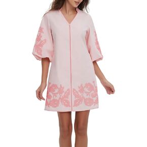 D-Sun Women Mini Dress Summer 3/4 Puff Sleeves Embroidery Floral Tunic Mini Dress V Neck Loose Zip Party Dresses in Saudi Arabia