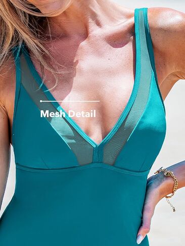 CUPSHE Women's One Piece Swimsuit Bathing Suit Plunging V Neck Wide Adjustable Straps Mesh in Kuwait
