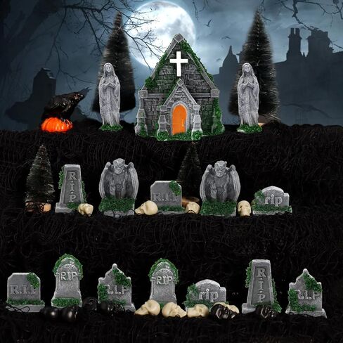 Rileryan 15 PCS Miniature Church Tombstones Gargoyle Virgin Figurines DIY Graveyard Scenes for Halloween Village Decorations Accessories Wargame Terrain Scenery in Saudi Arabia
