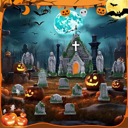 Rileryan 15 PCS Miniature Church Tombstones Gargoyle Virgin Figurines DIY Graveyard Scenes for Halloween Village Decorations Accessories Wargame Terrain Scenery in Saudi Arabia
