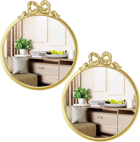 Chunful 2 Pcs Vintage Gold Round Wall Mirror 11.8 Inch Small Bow Circle Mirror Farmhouse Baroque Antique Vanity Gold Frame Hanging Wall Decor for Bathroom Bedroom Living Room Hallway Dressing Table in Saudi Arabia