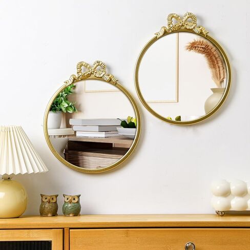 Chunful 2 Pcs Vintage Gold Round Wall Mirror 11.8 Inch Small Bow Circle Mirror Farmhouse Baroque Antique Vanity Gold Frame Hanging Wall Decor for Bathroom Bedroom Living Room Hallway Dressing Table in Saudi Arabia