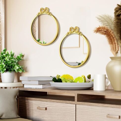 Chunful 2 Pcs Vintage Gold Round Wall Mirror 11.8 Inch Small Bow Circle Mirror Farmhouse Baroque Antique Vanity Gold Frame Hanging Wall Decor for Bathroom Bedroom Living Room Hallway Dressing Table in Saudi Arabia