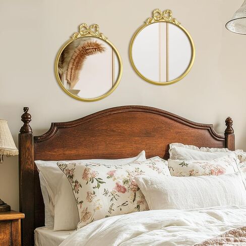 Chunful 2 Pcs Vintage Gold Round Wall Mirror 11.8 Inch Small Bow Circle Mirror Farmhouse Baroque Antique Vanity Gold Frame Hanging Wall Decor for Bathroom Bedroom Living Room Hallway Dressing Table in Saudi Arabia