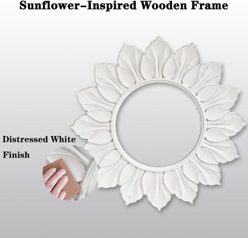 مرآة جدار Sunburst Sunburst ، 22 "إطار خشبي أبيض متوحش ، تصميم زهري بتلة يدويًا ، ديكور مزرعة عتيقة لغرفة المعيشة ، غرفة نوم ، حمام ، الغرور in Saudi Arabia