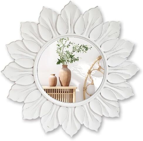 مرآة جدار Sunburst Sunburst ، 22 "إطار خشبي أبيض متوحش ، تصميم زهري بتلة يدويًا ، ديكور مزرعة عتيقة لغرفة المعيشة ، غرفة نوم ، حمام ، الغرور in Saudi Arabia