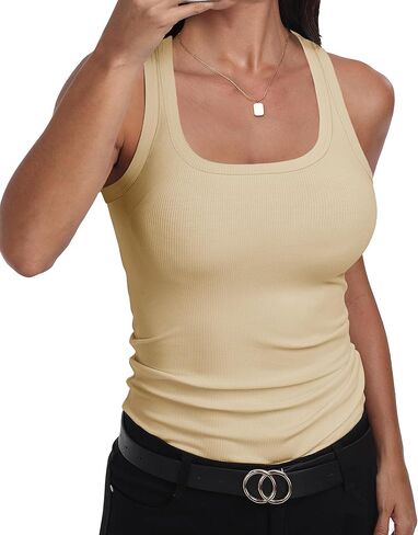 GEMBERA Womens Ribbed Knit Square Neck Racerback Sleeveless Fitted Basic Work Out Tank Top Shirt in Kuwait