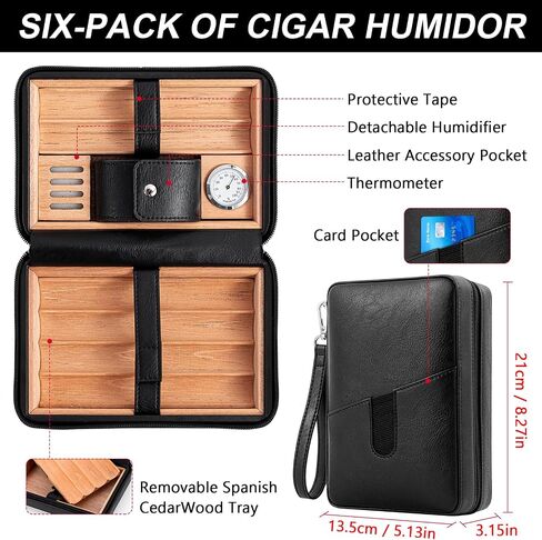 leather cedar cood humidor case, portable travel humidor box with humidifier,Capacity: 6 pcs(Brown) in Saudi Arabia