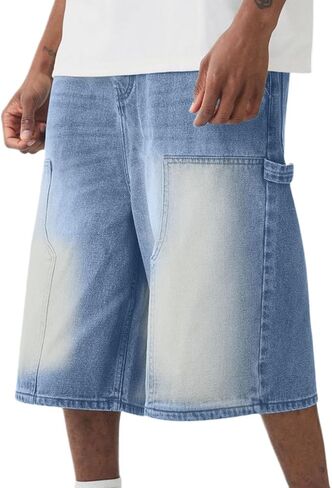Jixiang Baggy Jean Shorts الرجال فضفاضة عريضة الساق الواسعة منتصف الدنيم السوستة سستة التزلج على الجليد الهيب هوب خمر الشارع مع جيب in Saudi Arabia