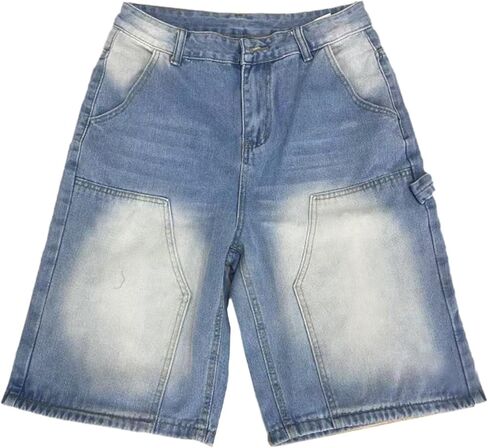 Jixiang Baggy Jean Shorts الرجال فضفاضة عريضة الساق الواسعة منتصف الدنيم السوستة سستة التزلج على الجليد الهيب هوب خمر الشارع مع جيب in Saudi Arabia