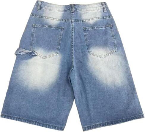Jixiang Baggy Jean Shorts الرجال فضفاضة عريضة الساق الواسعة منتصف الدنيم السوستة سستة التزلج على الجليد الهيب هوب خمر الشارع مع جيب in Saudi Arabia