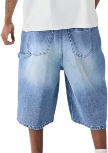Jixiang Baggy Jean Shorts الرجال فضفاضة عريضة الساق الواسعة منتصف الدنيم السوستة سستة التزلج على الجليد الهيب هوب خمر الشارع مع جيب in Saudi Arabia