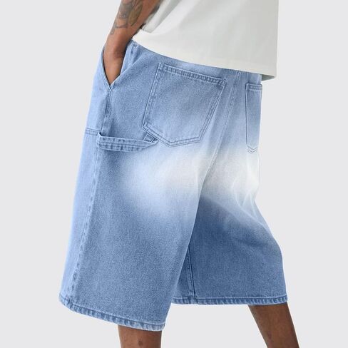 Jixiang Baggy Jean Shorts الرجال فضفاضة عريضة الساق الواسعة منتصف الدنيم السوستة سستة التزلج على الجليد الهيب هوب خمر الشارع مع جيب in Saudi Arabia