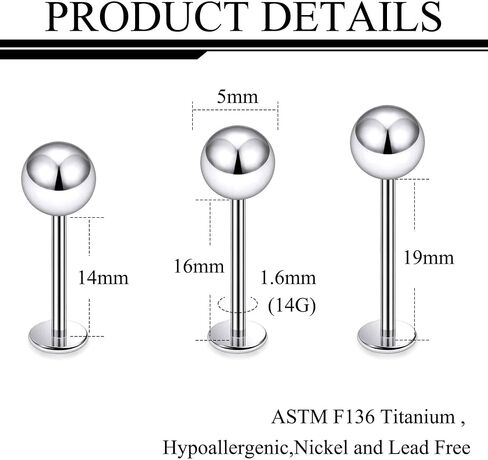 Ruifan ASTM F136 Titanium Cheek Piercing Jewelry Barbell 16g 14G خارجيًا متتلة لسان الظهر خواتم الكرة السفلبات التيتانيوم لابريت جسم ثقب المجوهرات للنساء الرجال 14 مم 16 مم 19 ملم in Kuwait