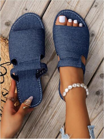 GORGLITTER Women's Denim Jean Flat Sandals Wide Width Rainbow Open Toe Dressy Slide Sandal in Saudi Arabia