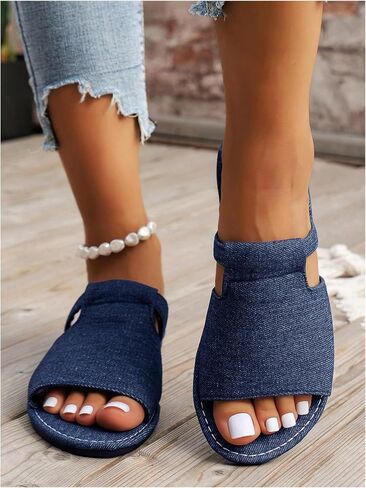 GORGLITTER Women's Denim Jean Flat Sandals Wide Width Rainbow Open Toe Dressy Slide Sandal in Saudi Arabia