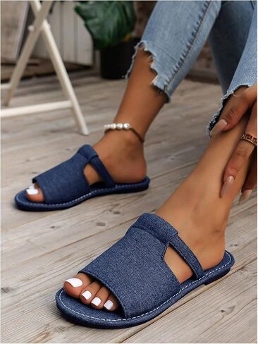 GORGLITTER Women's Denim Jean Flat Sandals Wide Width Rainbow Open Toe Dressy Slide Sandal in Saudi Arabia