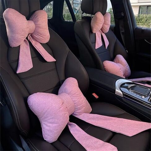 4 Pack Butterfly Bow Car Headrest Pillow Set Car Seat Neck Pillow and Lumbar Support Pillow Cotton Linen Car Headrest Pillow Set for Driving Travelling Office Home Decor in Kuwait