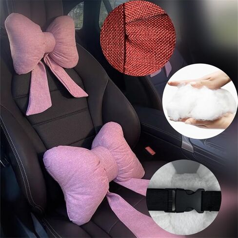 4 Pack Butterfly Bow Car Headrest Pillow Set Car Seat Neck Pillow and Lumbar Support Pillow Cotton Linen Car Headrest Pillow Set for Driving Travelling Office Home Decor in Kuwait