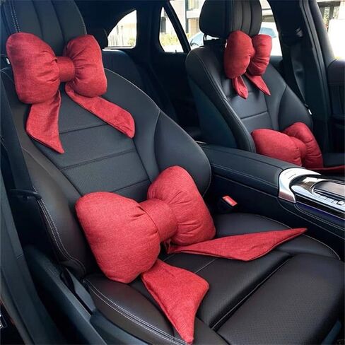 4 Pack Butterfly Bow Car Headrest Pillow Set Car Seat Neck Pillow and Lumbar Support Pillow Cotton Linen Car Headrest Pillow Set for Driving Travelling Office Home Decor in Kuwait