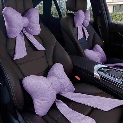 4 Pack Butterfly Bow Car Headrest Pillow Set Car Seat Neck Pillow and Lumbar Support Pillow Cotton Linen Car Headrest Pillow Set for Driving Travelling Office Home Decor in Kuwait