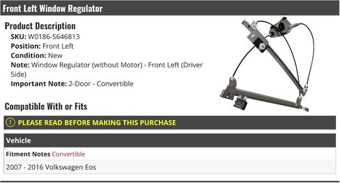 Front Left Driver Side Power Window Regulator - without Motor - Compatible with 2007-2016 Volkswagen Eos 2-Door Convertible in Saudi Arabia