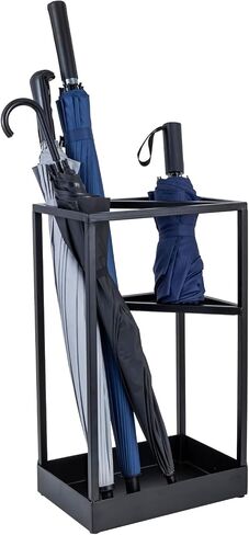 MyGift Modern Brass Tone Metal Entryway Umbrella Rack with Geometric Design, 13 x 5-inch Wide Rectangular Freestanding Cane Umbrella Holder with Shelf for Small Umbrellas and Bottom Drip Catch Tray in Saudi Arabia