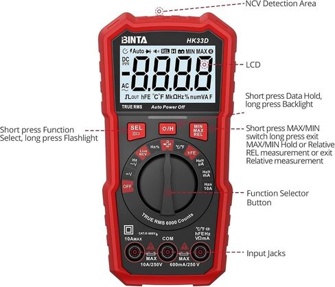 BINTA Digital Multimeter 6000 Counts with Auto-Ranging AC/DC Current and Voltage, Ohm Volt Amp Meter Tests Live Wire, NCV, HFE, Capacitance, Temperature, Continuity, Diode Measuring for Auto Home in Kuwait
