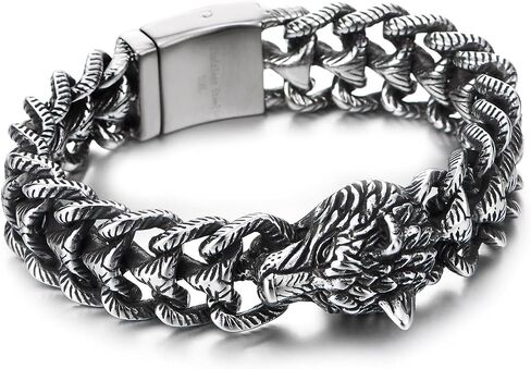 COOLSTEELANDBEYOND Men's Stainless Steel Wolf Head Bracelet, Textured Scale Link Curb Chain, Vintage Norse Viking in Saudi Arabia