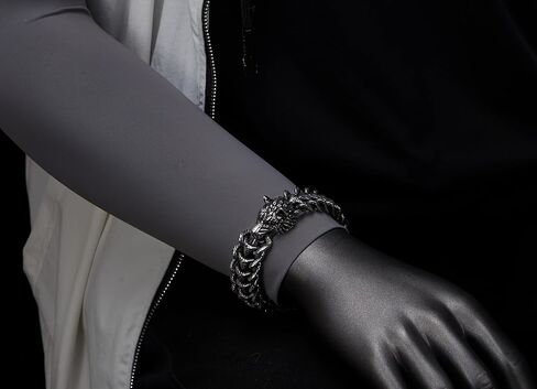 COOLSTEELANDBEYOND Men's Stainless Steel Wolf Head Bracelet, Textured Scale Link Curb Chain, Vintage Norse Viking in Saudi Arabia
