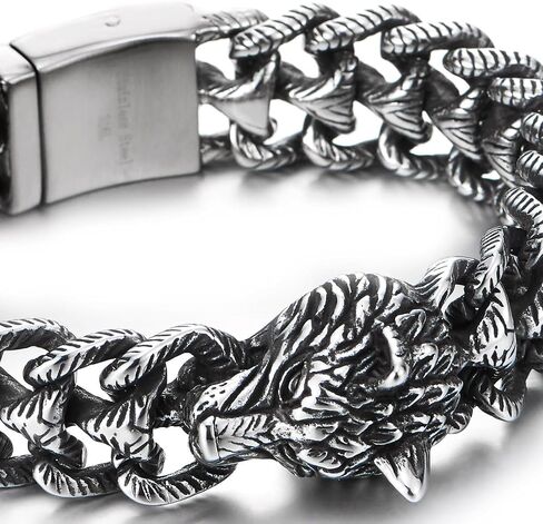COOLSTEELANDBEYOND Men's Stainless Steel Wolf Head Bracelet, Textured Scale Link Curb Chain, Vintage Norse Viking in Saudi Arabia