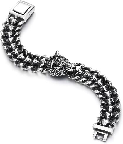 COOLSTEELANDBEYOND Men's Stainless Steel Wolf Head Bracelet, Textured Scale Link Curb Chain, Vintage Norse Viking in Saudi Arabia
