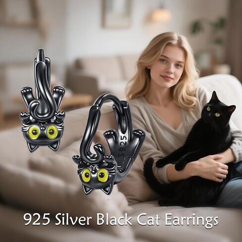 YFN Cat Earrings Sterling Silver Black Cat Huggie Hoop Earrings Witch Jewelry Kitty Gifts for Women in Saudi Arabia