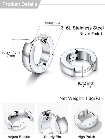U7 Small Hoop Earrings for Women Men Stainless Steel/Black/Gold Huggie Hoop Earrings Hypoallergenic Lightweight 7/8/9/10/12/14/16mm in Saudi Arabia