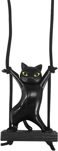 Swinging Cat Car Mirror Hanging Accessories, Funny Car Rear View Mirror Charm Pendant, Swing Cat Auto Hanging Decoration Ornament, Cute Vehicle Interior Accessories for Women Men (Black) in Kuwait