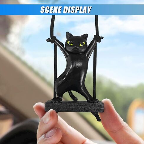 Swinging Cat Car Mirror Hanging Accessories, Funny Car Rear View Mirror Charm Pendant, Swing Cat Auto Hanging Decoration Ornament, Cute Vehicle Interior Accessories for Women Men (Black) in Kuwait