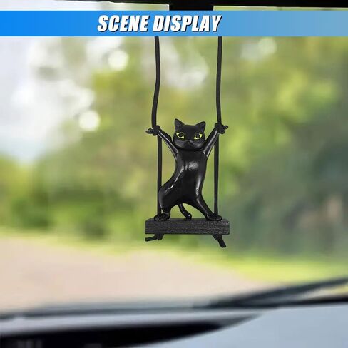 Swinging Cat Car Mirror Hanging Accessories, Funny Car Rear View Mirror Charm Pendant, Swing Cat Auto Hanging Decoration Ornament, Cute Vehicle Interior Accessories for Women Men (Black) in Kuwait