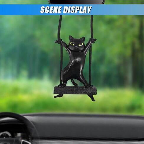 Swinging Cat Car Mirror Hanging Accessories, Funny Car Rear View Mirror Charm Pendant, Swing Cat Auto Hanging Decoration Ornament, Cute Vehicle Interior Accessories for Women Men (Black) in Kuwait