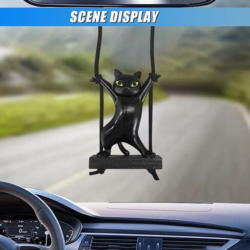 Swinging Cat Car Mirror Hanging Accessories, Funny Car Rear View Mirror Charm Pendant, Swing Cat Auto Hanging Decoration Ornament, Cute Vehicle Interior Accessories for Women Men (Black) in Kuwait