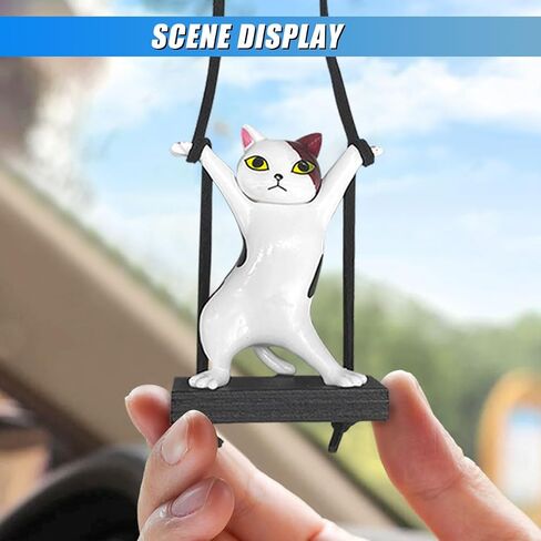 Swinging Cat Car Mirror Hanging Accessories, Funny Car Rear View Mirror Charm Pendant, Swing Cat Auto Hanging Decoration Ornament, Cute Vehicle Interior Accessories for Women Men (Black) in Saudi Arabia