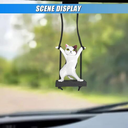 Swinging Cat Car Mirror Hanging Accessories, Funny Car Rear View Mirror Charm Pendant, Swing Cat Auto Hanging Decoration Ornament, Cute Vehicle Interior Accessories for Women Men (Black) in Saudi Arabia