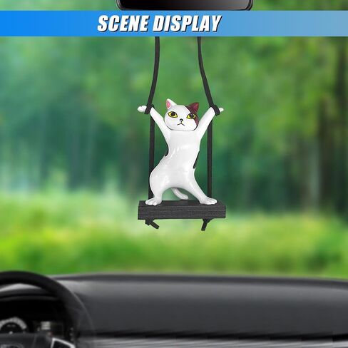 Swinging Cat Car Mirror Hanging Accessories, Funny Car Rear View Mirror Charm Pendant, Swing Cat Auto Hanging Decoration Ornament, Cute Vehicle Interior Accessories for Women Men (Black) in Saudi Arabia
